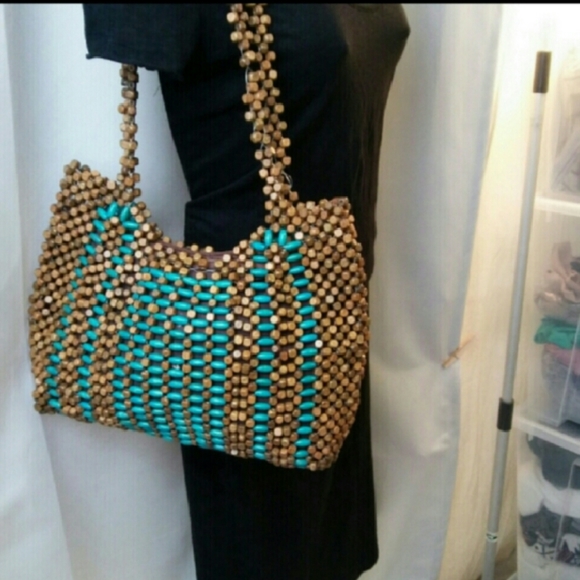 Vintage Wood Bead Handbag, Tote, Purse, 13"x10" - Picture 2 of 4